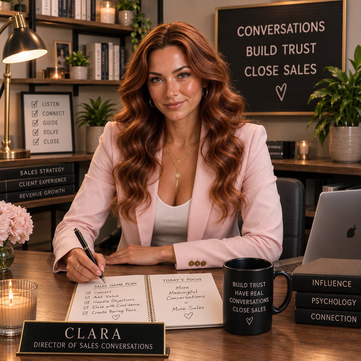Clara, the sales strategist, at her desk with a sales game plan notebook