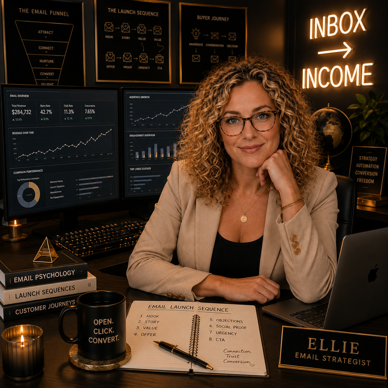 Ellie, the email strategist, at her desk with email dashboards and a launch sequence notebook